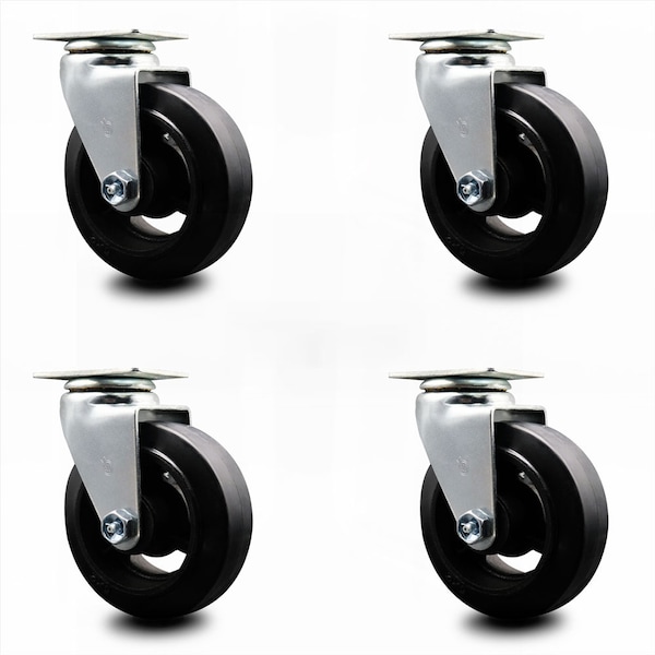 5 Inch Rubber on Cast Iron Wheel Swivel Caster Set with Ball Bearings SCC